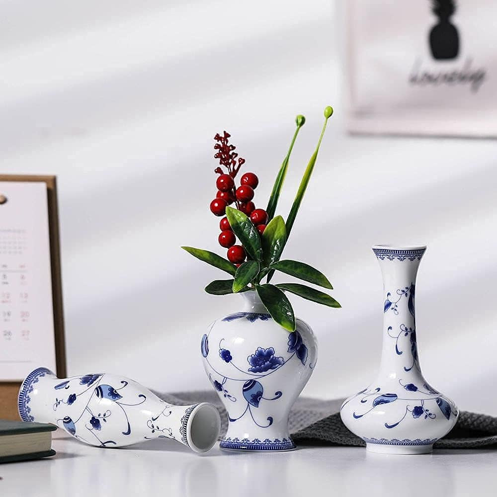 Chinese Ceramic Vase Set - Small Blue and White Porcelain Vases, Fambe Glaze Porcelain Vases Set of 3, Classic Ceramic Flower Vases for Home Table,Bookshelf, Cupboard Décor