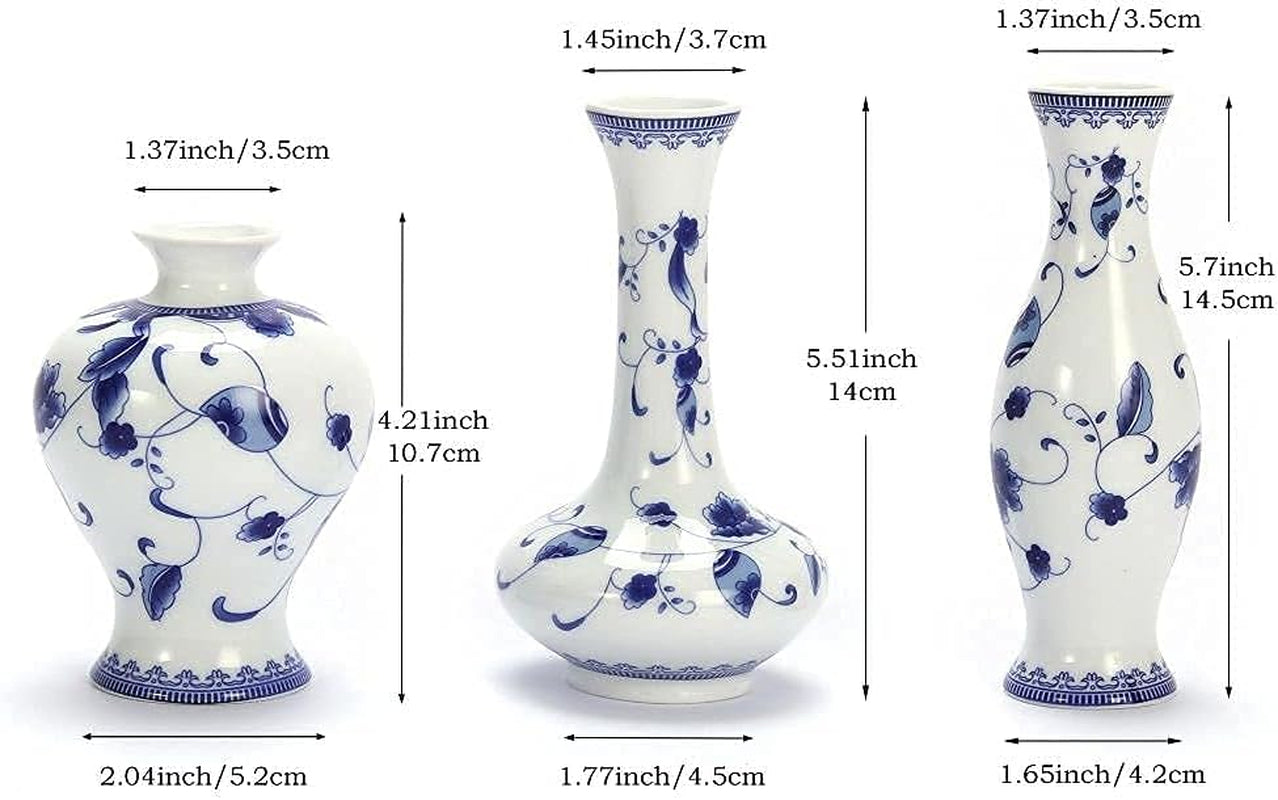 Chinese Ceramic Vase Set - Small Blue and White Porcelain Vases, Fambe Glaze Porcelain Vases Set of 3, Classic Ceramic Flower Vases for Home Table,Bookshelf, Cupboard Décor