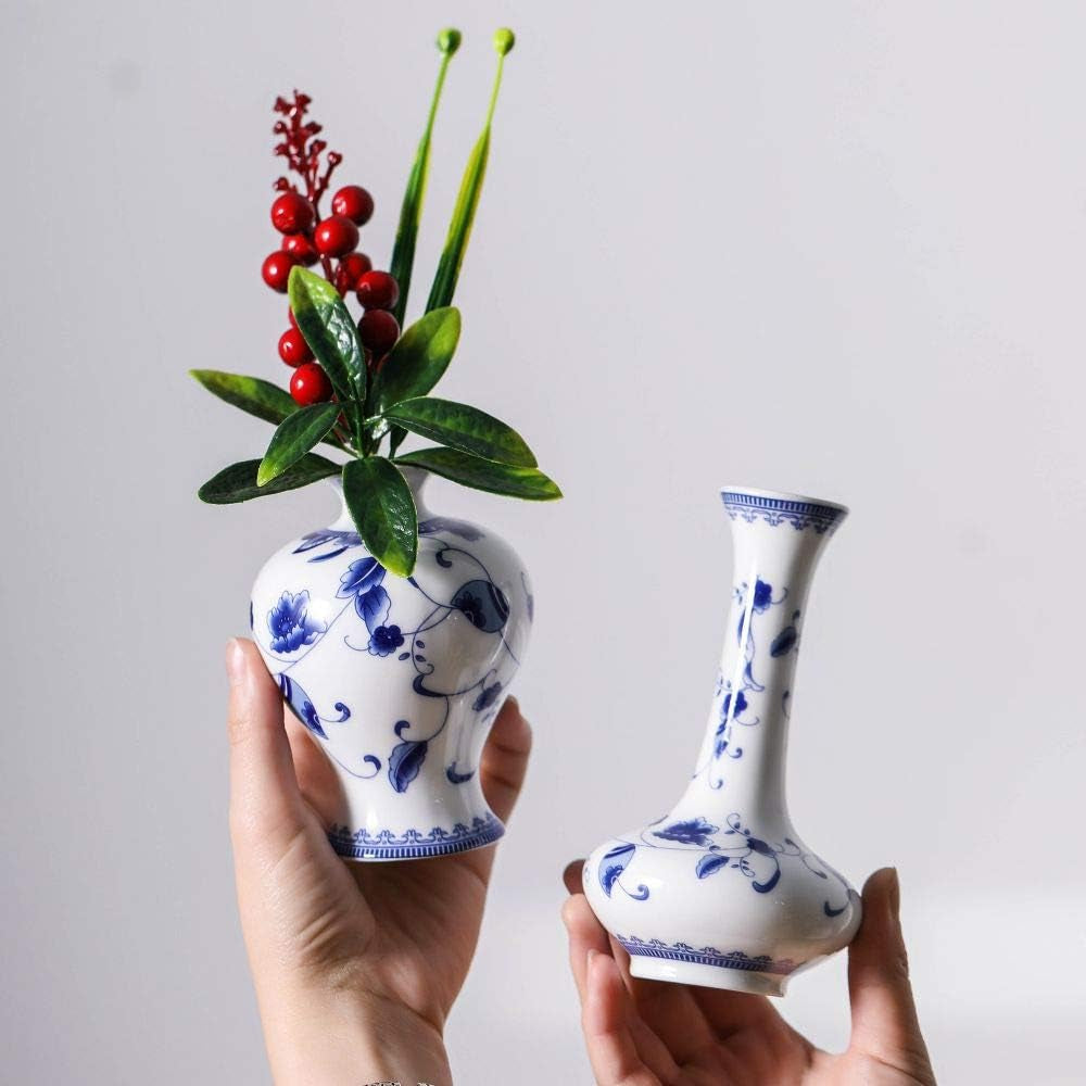 Chinese Ceramic Vase Set - Small Blue and White Porcelain Vases, Fambe Glaze Porcelain Vases Set of 3, Classic Ceramic Flower Vases for Home Table,Bookshelf, Cupboard Décor