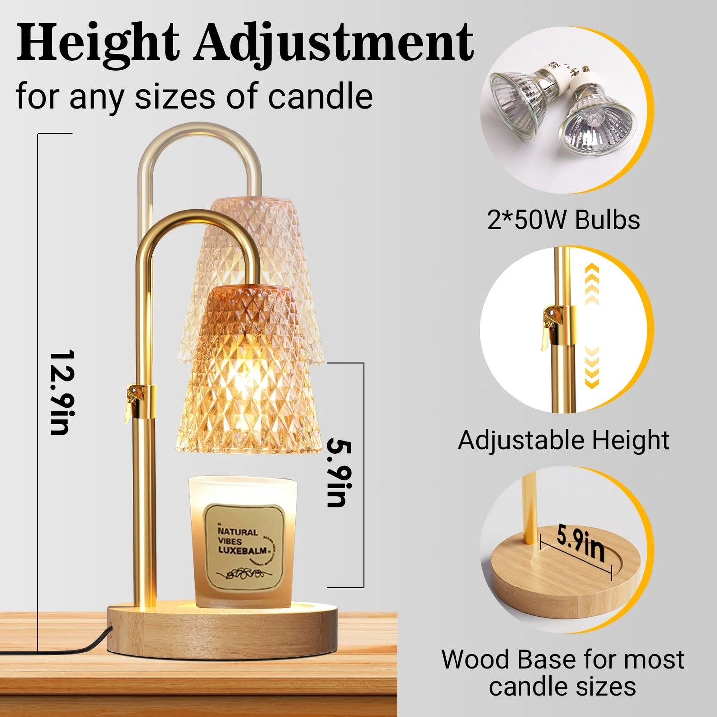 Candle Warmer Lamp with Timer, Dimmable Adjustable Height Wax Warmer Lamp,Home Decor Wax Melter Light (2*50W GU10 Bulbs)