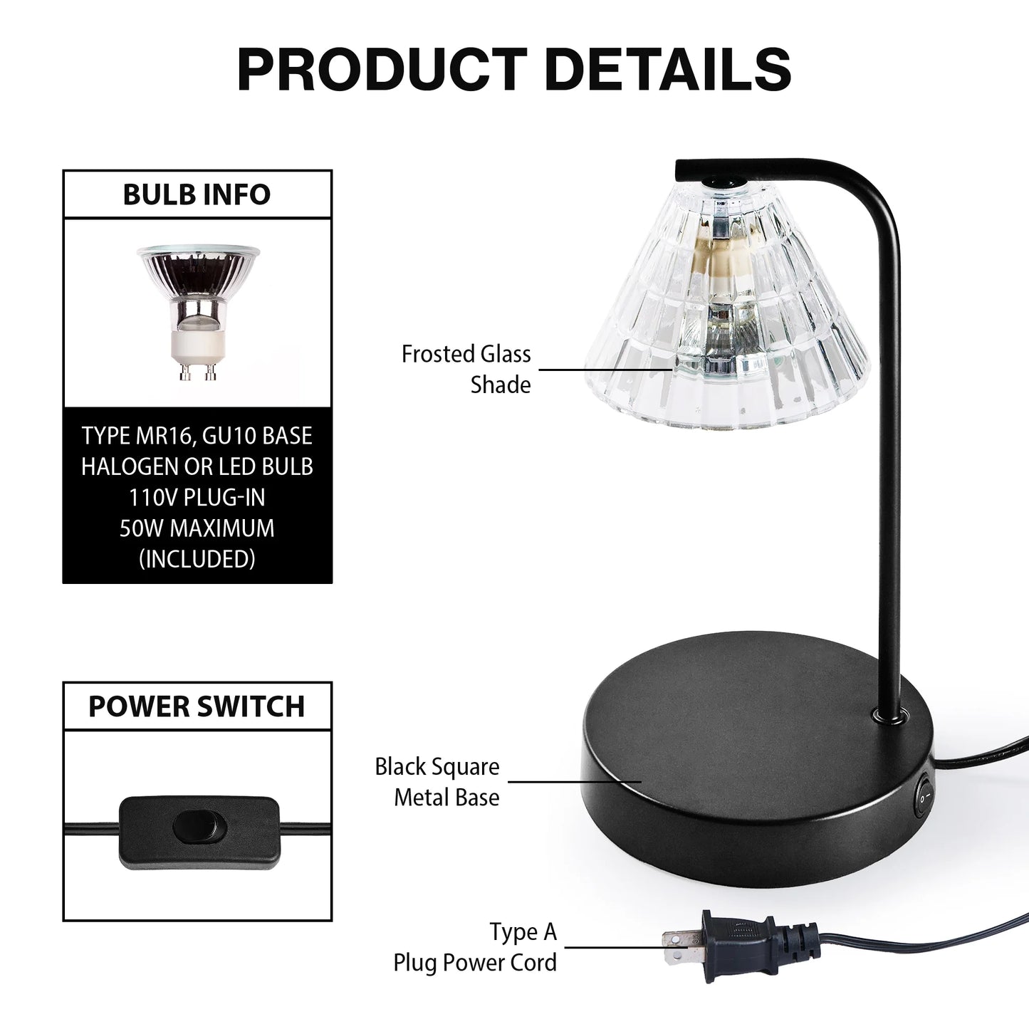 Candle Warmer Lamp, Glass Shade, Black, Traditional, 10.5 Inch, 1 Count