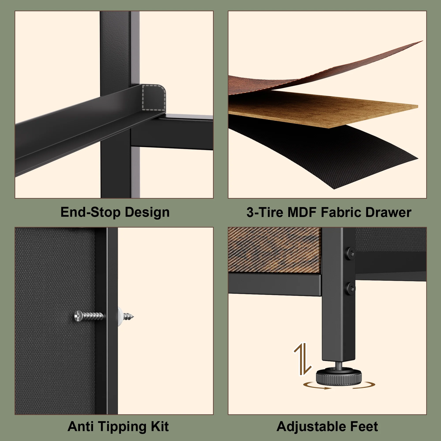 TV Stand Dresser, Chest of Drawers with LED Lights & Power Outlets, Fabric Dressers for Bedroom for 60" Long TV, Brown