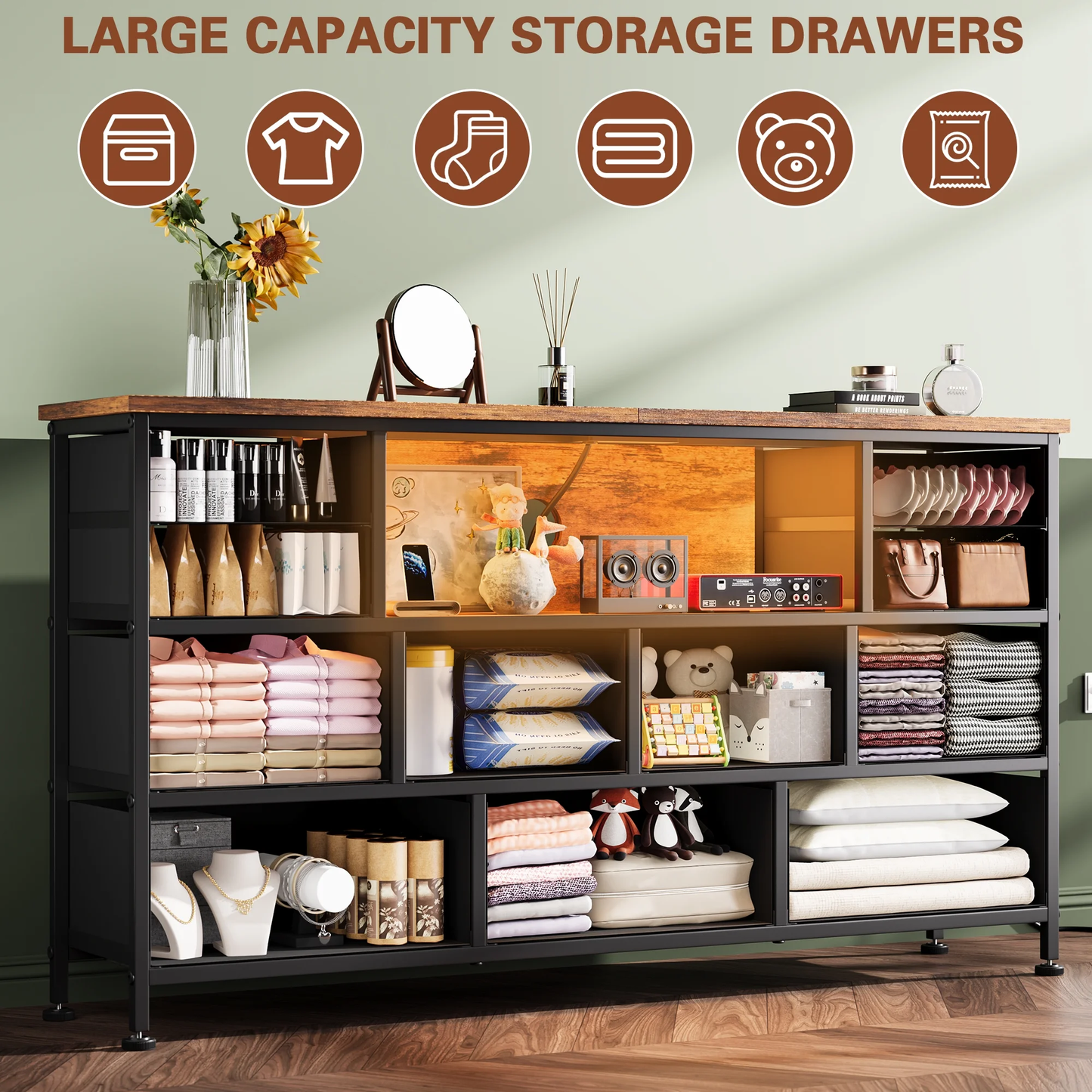 TV Stand Dresser, Chest of Drawers with LED Lights & Power Outlets, Fabric Dressers for Bedroom for 60" Long TV, Brown