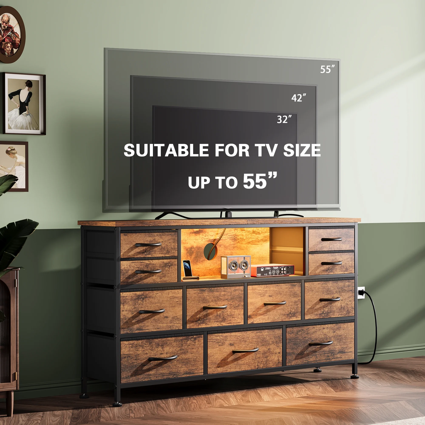 TV Stand Dresser, Chest of Drawers with LED Lights & Power Outlets, Fabric Dressers for Bedroom for 60" Long TV, Brown