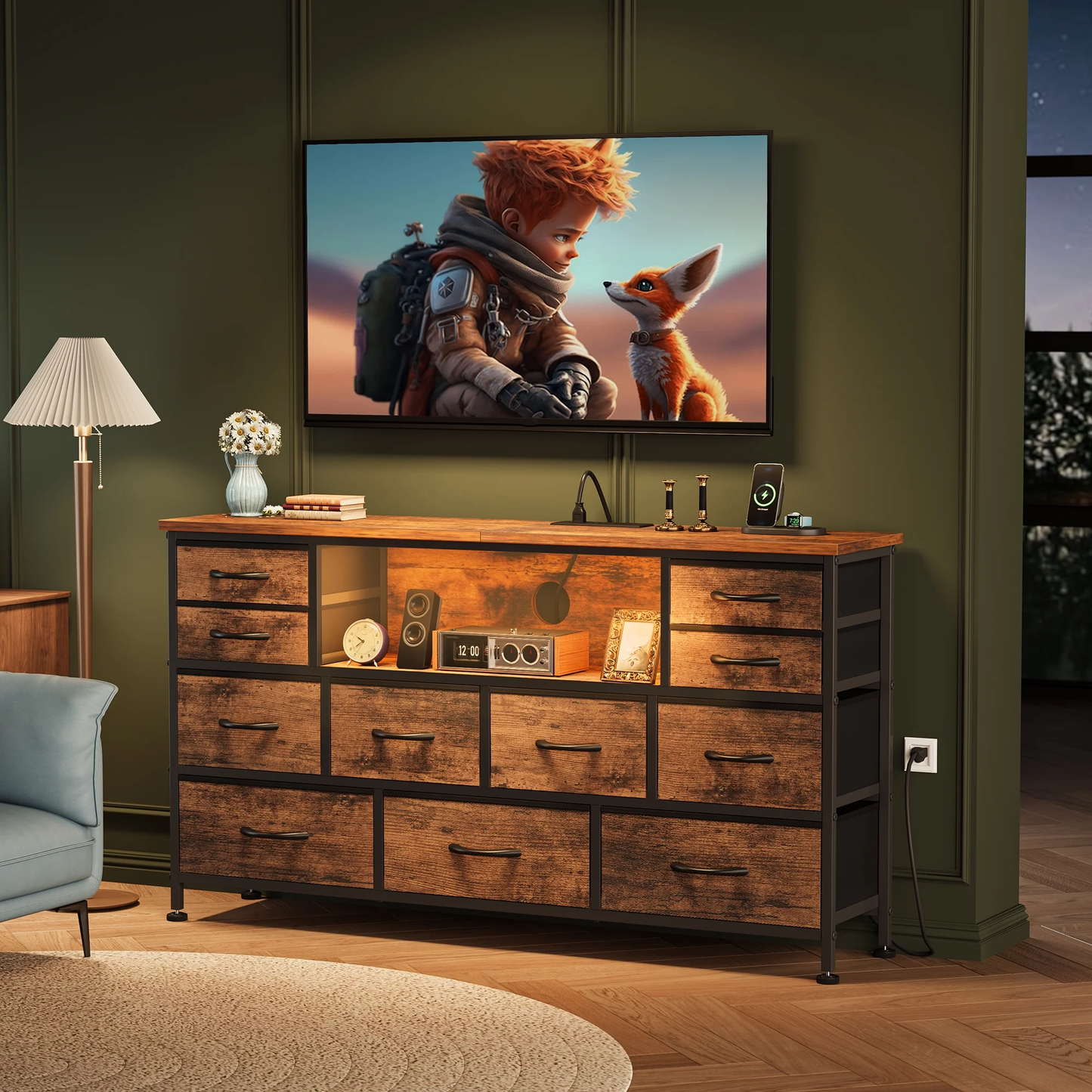 TV Stand Dresser, Chest of Drawers with LED Lights & Power Outlets, Fabric Dressers for Bedroom for 60" Long TV, Brown