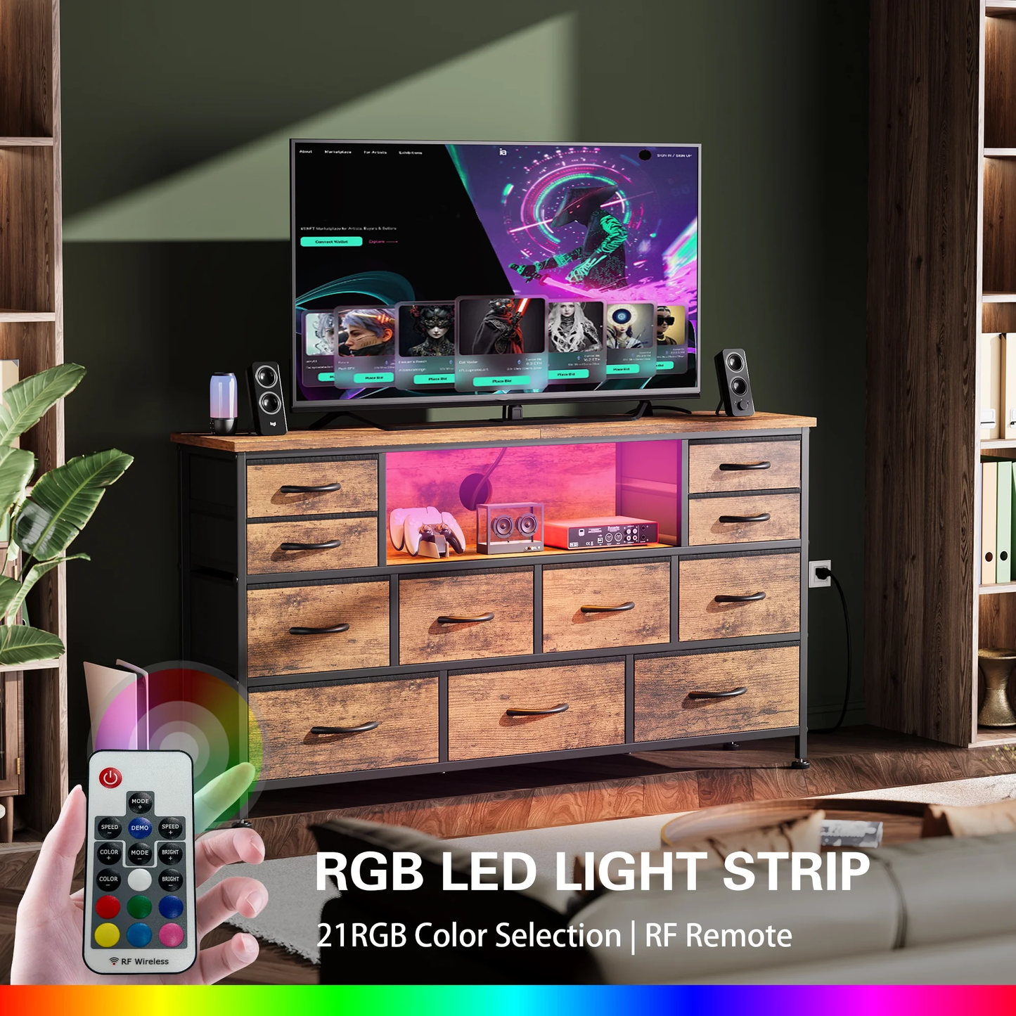 TV Stand Dresser, Chest of Drawers with LED Lights & Power Outlets, Fabric Dressers for Bedroom for 60" Long TV, Brown