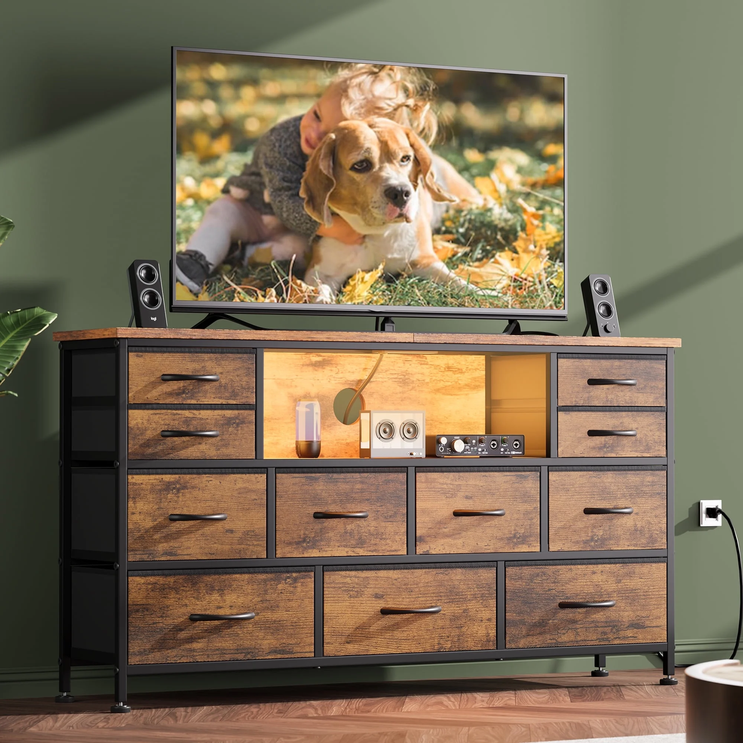 TV Stand Dresser, Chest of Drawers with LED Lights & Power Outlets, Fabric Dressers for Bedroom for 60" Long TV, Brown