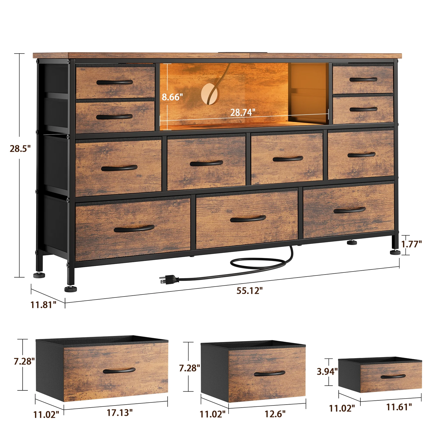TV Stand Dresser, Chest of Drawers with LED Lights & Power Outlets, Fabric Dressers for Bedroom for 60" Long TV, Brown