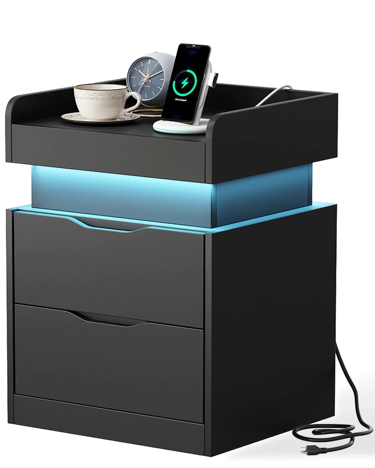 Black Nightstand with Charging Station, LED Smart Nightstand with 3 Hidden Drawer Modern Bedside Table End Side Table Nightstands for Bedroom Living Room 25" Tall