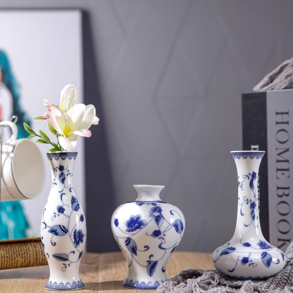 Chinese Ceramic Vase Set - Small Blue and White Porcelain Vases, Fambe Glaze Porcelain Vases Set of 3, Classic Ceramic Flower Vases for Home Table,Bookshelf, Cupboard Décor