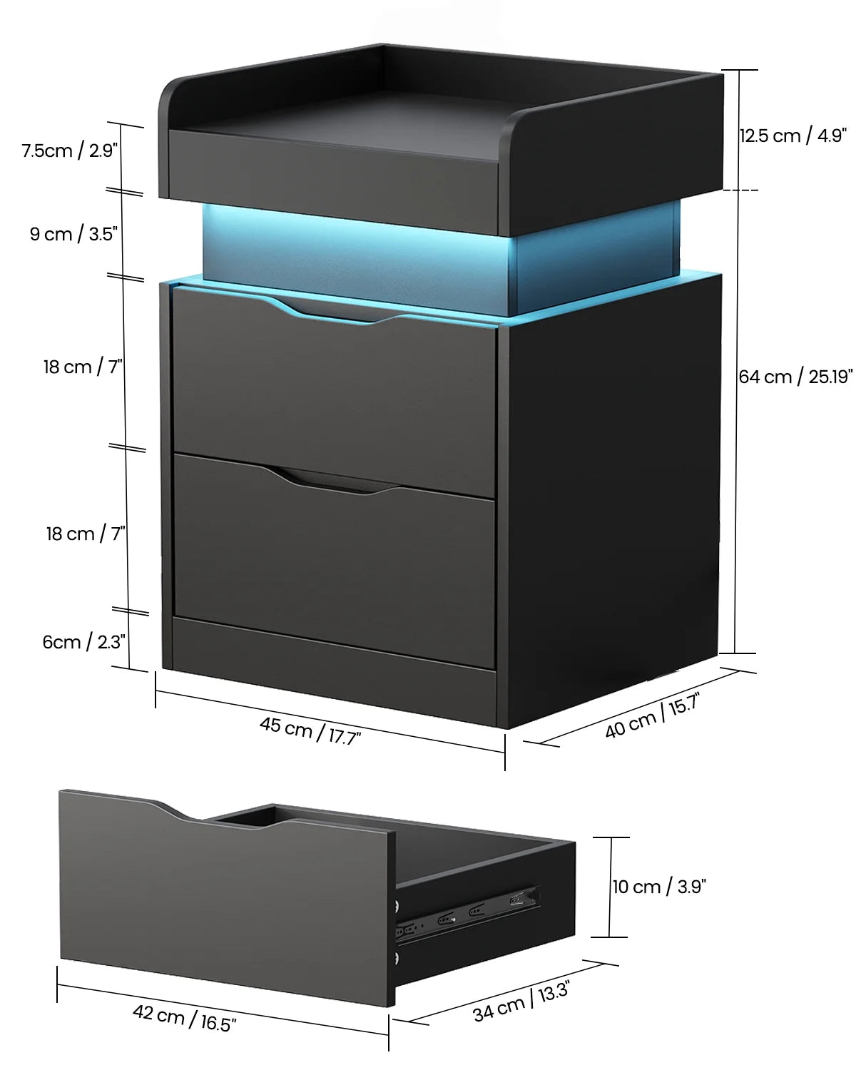 Black Nightstand with Charging Station, LED Smart Nightstand with 3 Hidden Drawer Modern Bedside Table End Side Table Nightstands for Bedroom Living Room 25" Tall