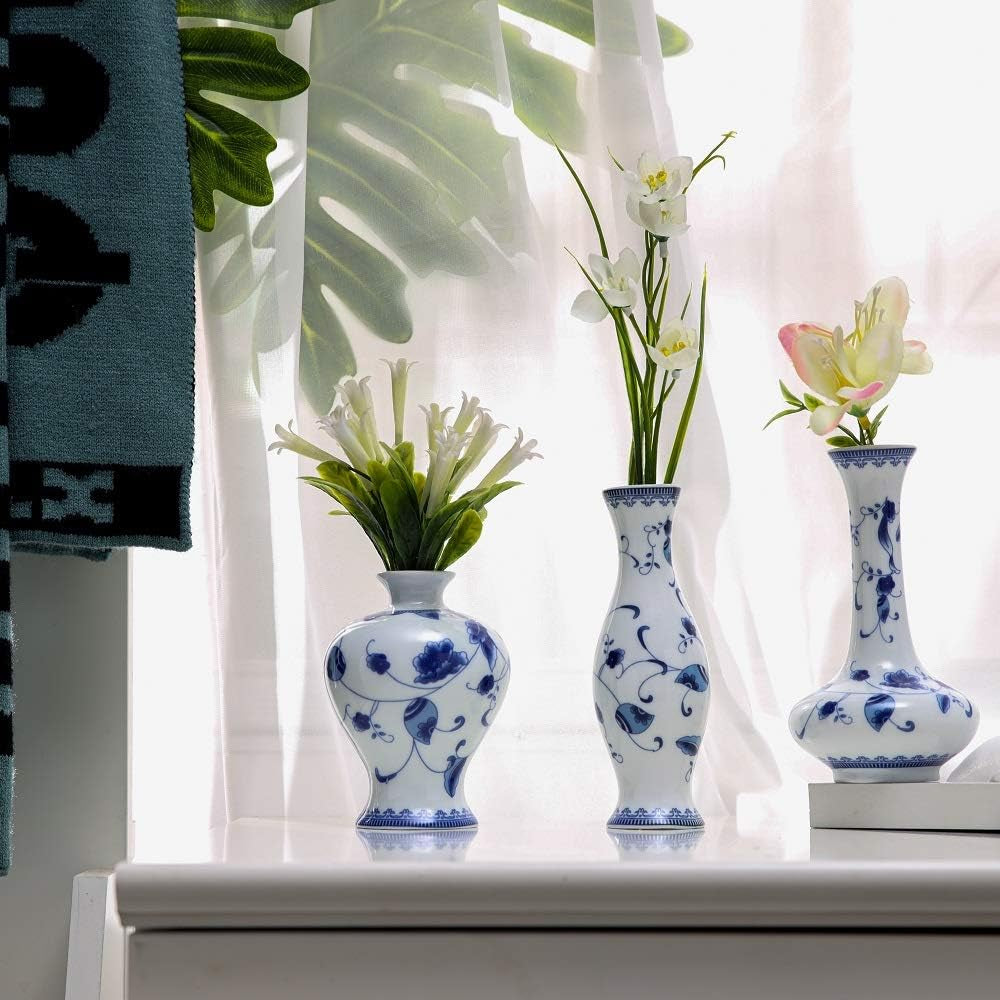 Chinese Ceramic Vase Set - Small Blue and White Porcelain Vases, Fambe Glaze Porcelain Vases Set of 3, Classic Ceramic Flower Vases for Home Table,Bookshelf, Cupboard Décor