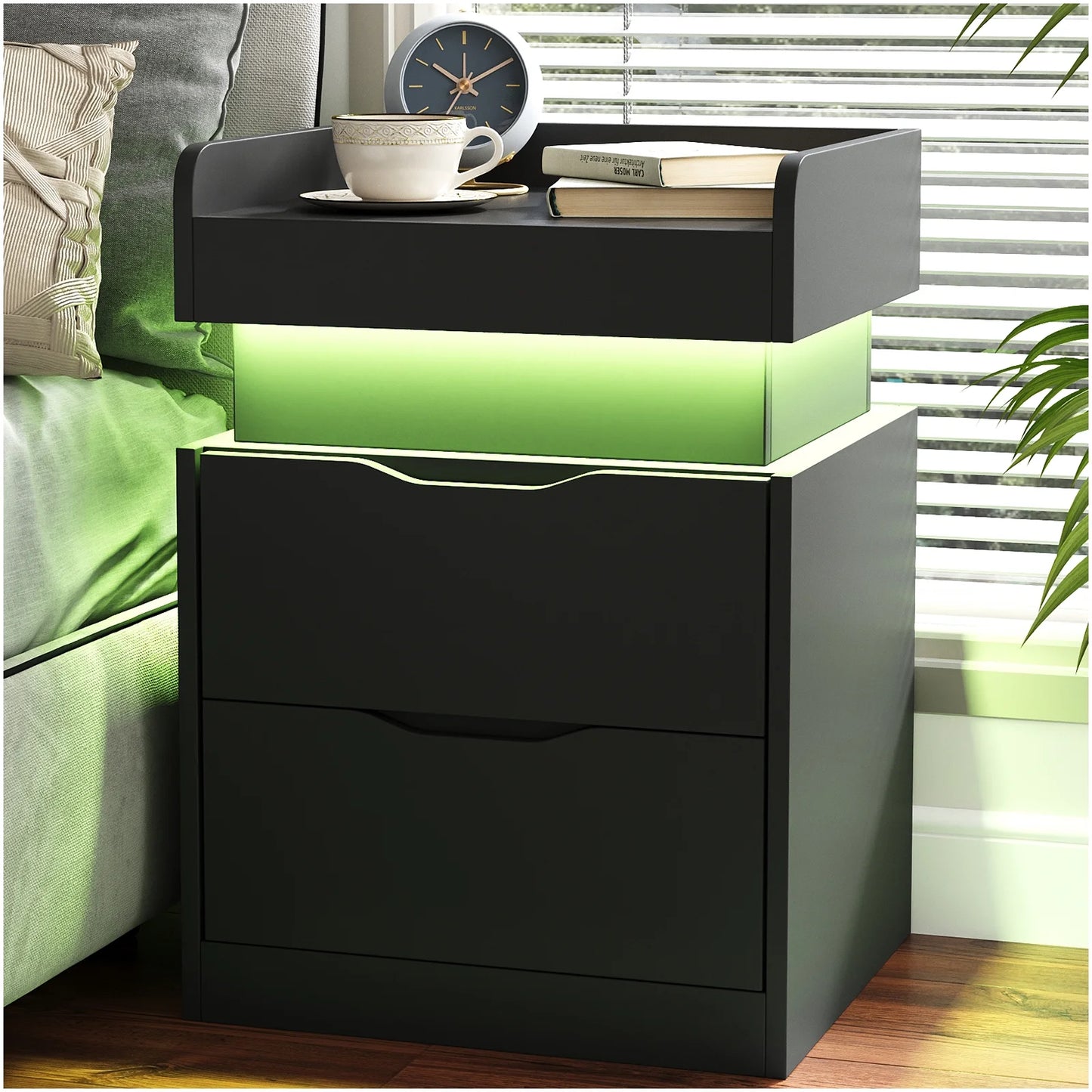 Black Nightstand with Charging Station, LED Smart Nightstand with 3 Hidden Drawer Modern Bedside Table End Side Table Nightstands for Bedroom Living Room 25" Tall