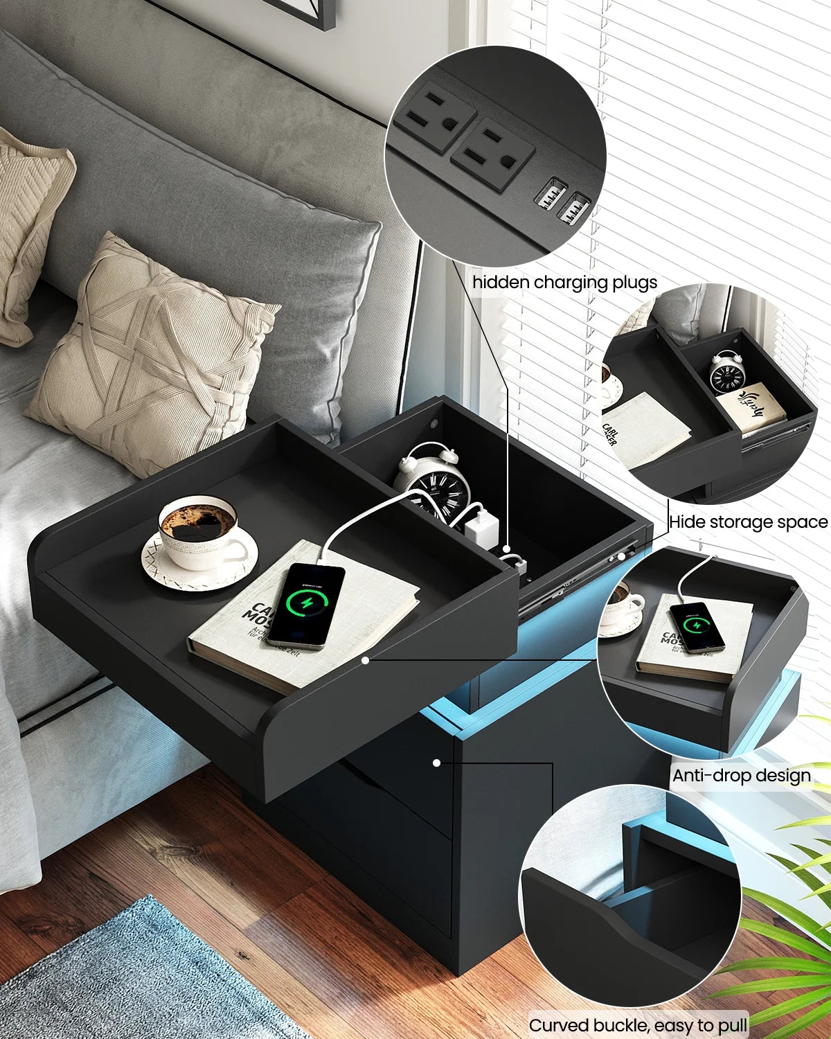 Black Nightstand with Charging Station, LED Smart Nightstand with 3 Hidden Drawer Modern Bedside Table End Side Table Nightstands for Bedroom Living Room 25" Tall