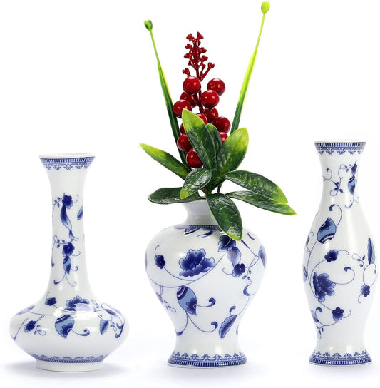 Chinese Ceramic Vase Set - Small Blue and White Porcelain Vases, Fambe Glaze Porcelain Vases Set of 3, Classic Ceramic Flower Vases for Home Table,Bookshelf, Cupboard Décor