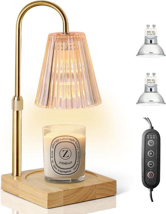 Candle Warmer Lamp with Dimmer, Electric Candle Warmer for Jar Candles, Bedroom Home Decor, 2H/4H/8H Timer Adjustable Height with 2 Bulbs, Amber
