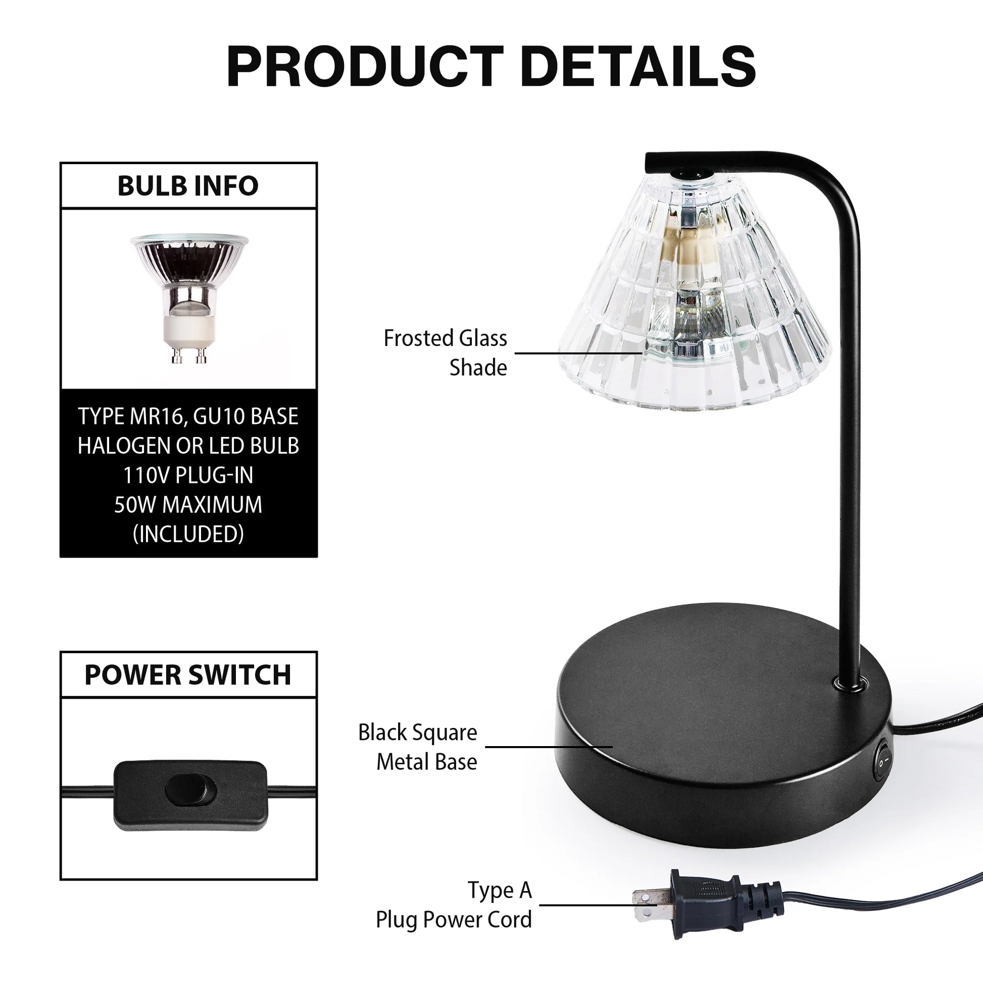 Candle Warmer Lamp, Glass Shade, Black, Traditional, 10.5 Inch, 1 Count