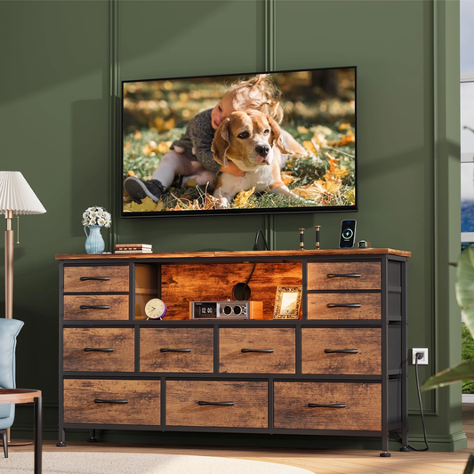 TV Stand Dresser, Chest of Drawers with LED Lights & Power Outlets, Fabric Dressers for Bedroom for 60" Long TV, Brown