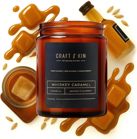 Fall Scented Candles for Men | Premium Whiskey Caramel Candle | All-Natural Scent for Home | Long Lasting with 45 Hour Burn Time, 8Oz
